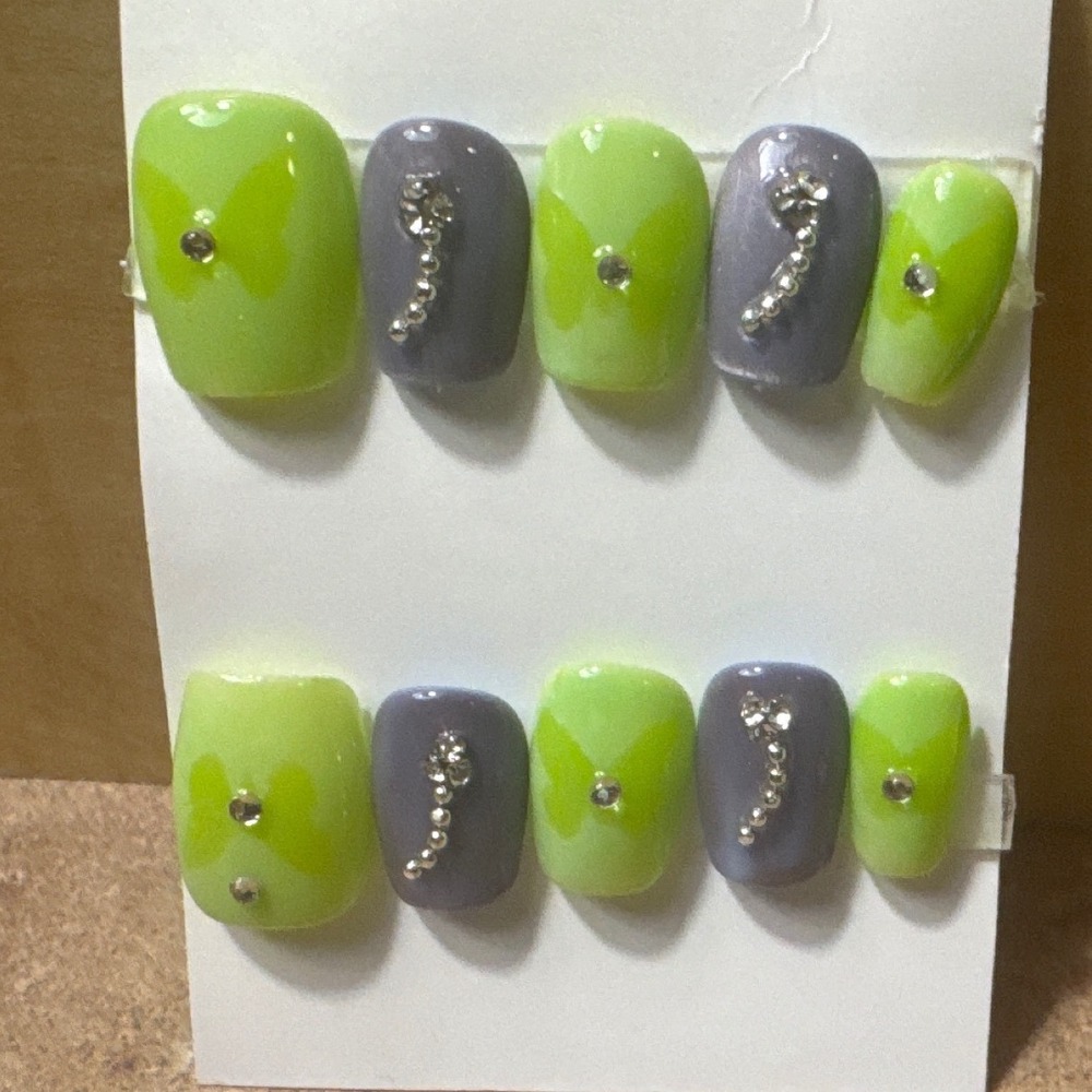 Press On Nails Green Gray Silver Rhinestone Accent Full‎ Cover Manicure